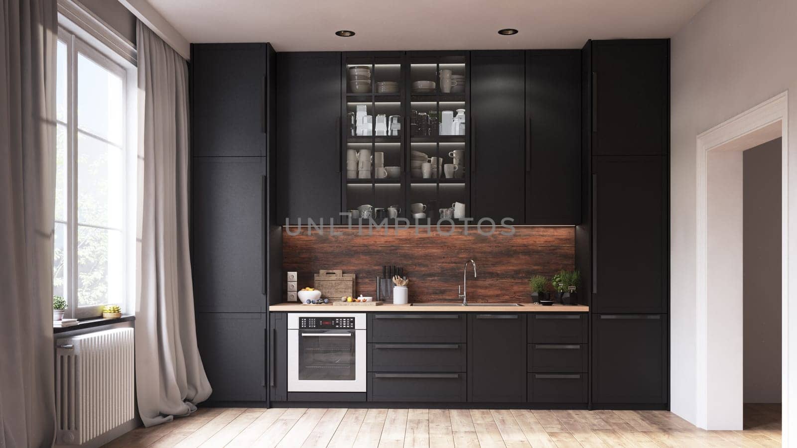 Black kitchen interior. 3d rendering design