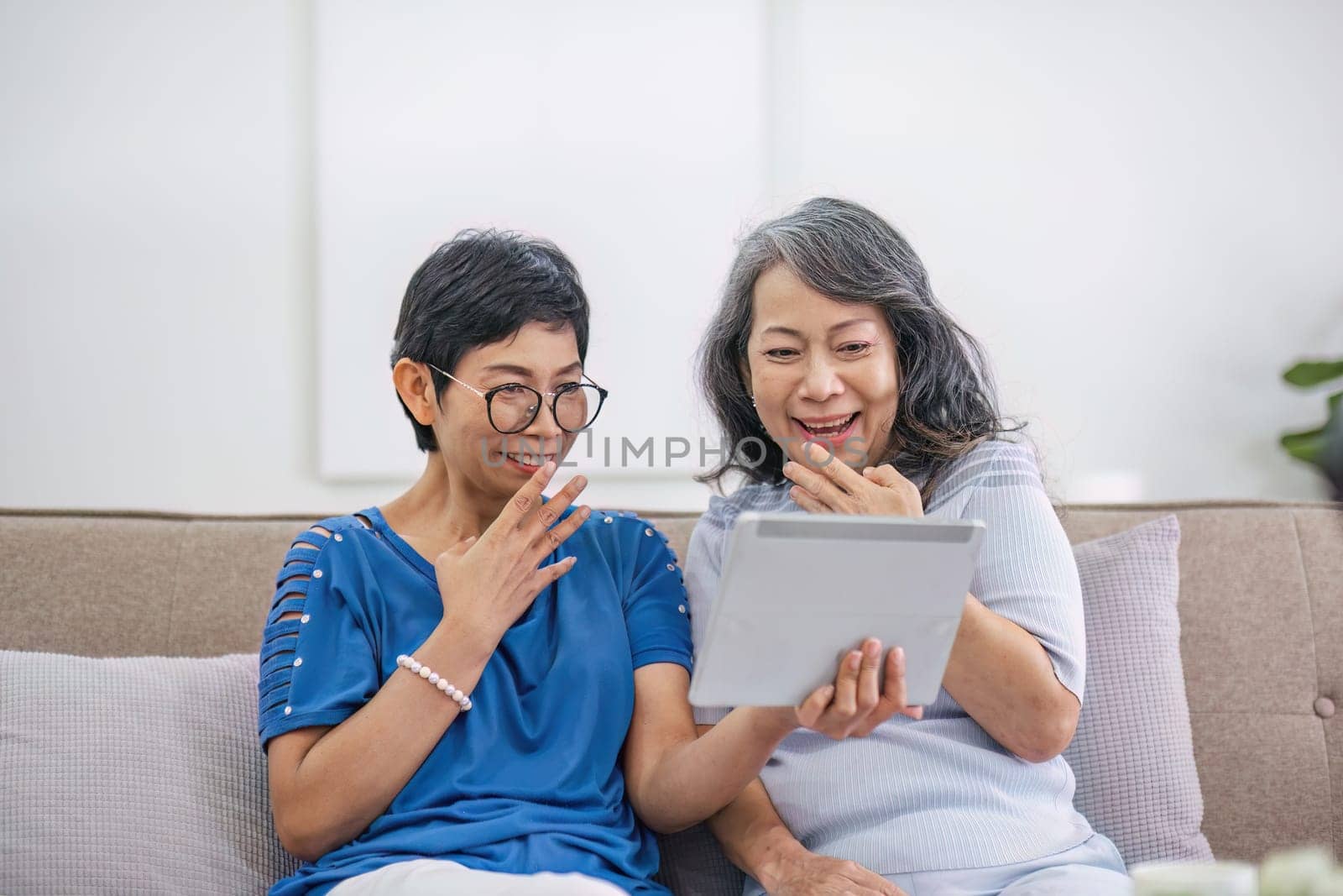 Two old female besties are watching a online media on a tablet while relaxing in the living room together. by wichayada