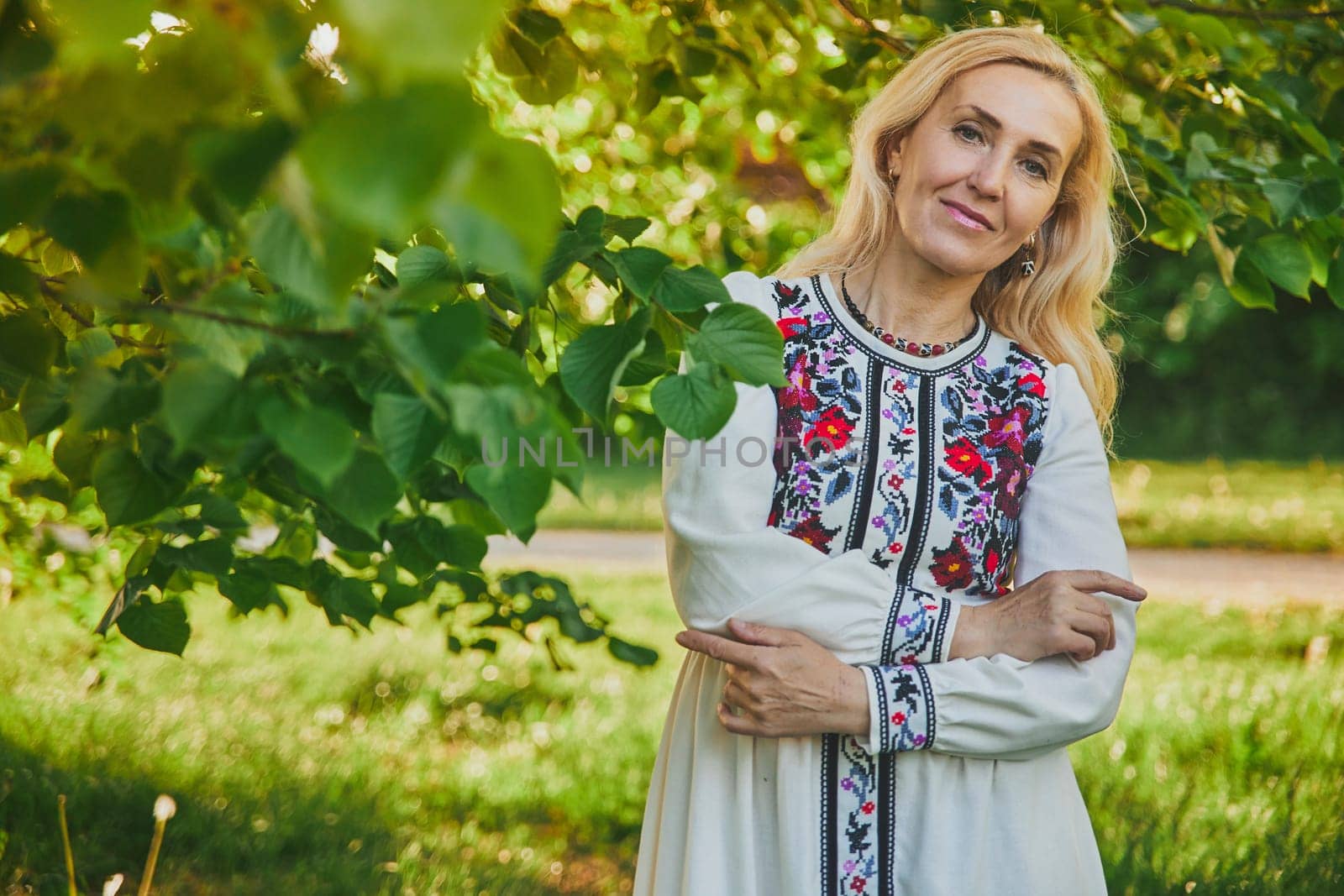 Hammel, Denmark, May 28, 2023: Beautiful mature woman in ukrainian embroidered dress