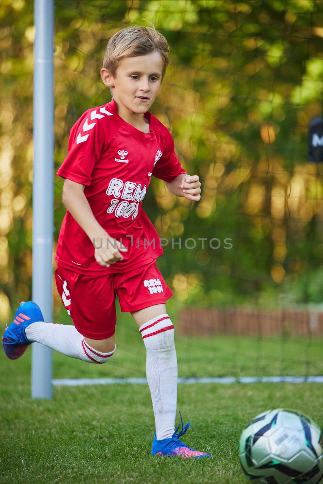 Ornhoj, Denmark, July 4, 2023: Boy goalkeeper in motion.