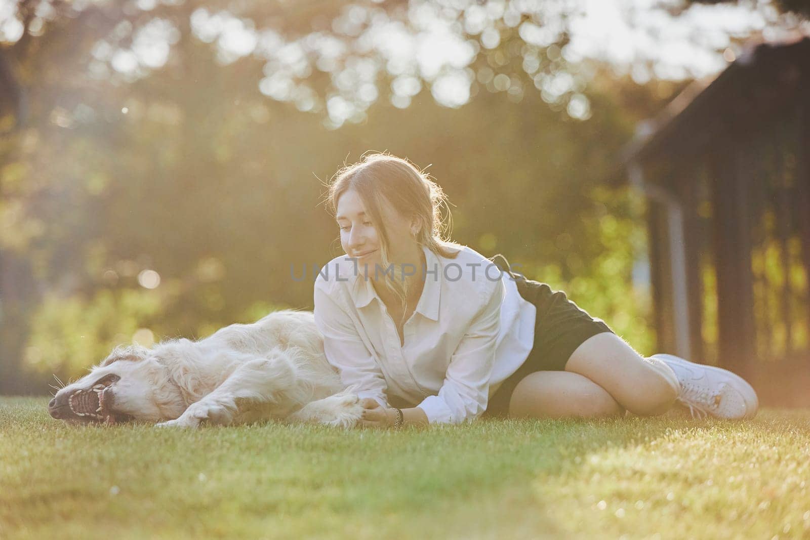 Ornhoj, Denmark, July 4, 2023: Teenage girl playing with dog at sunset by Viktor_Osypenko