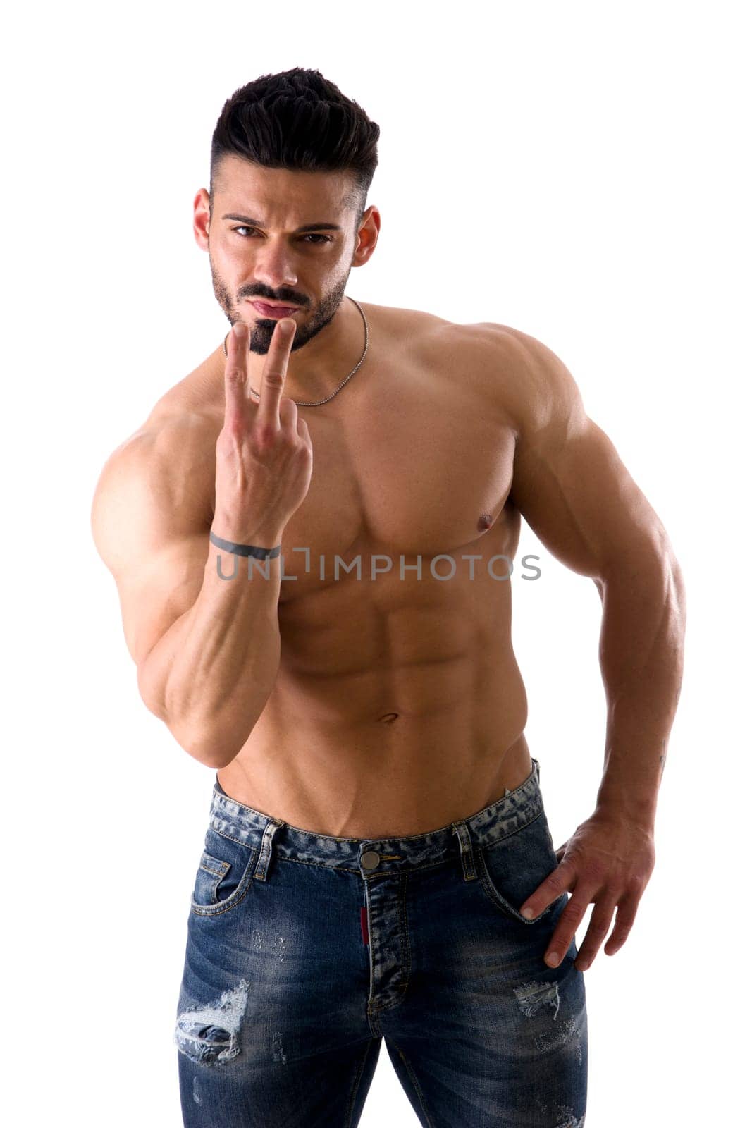 A shirtless rude man is giving two fingers gesture, as screw you in Great Britain