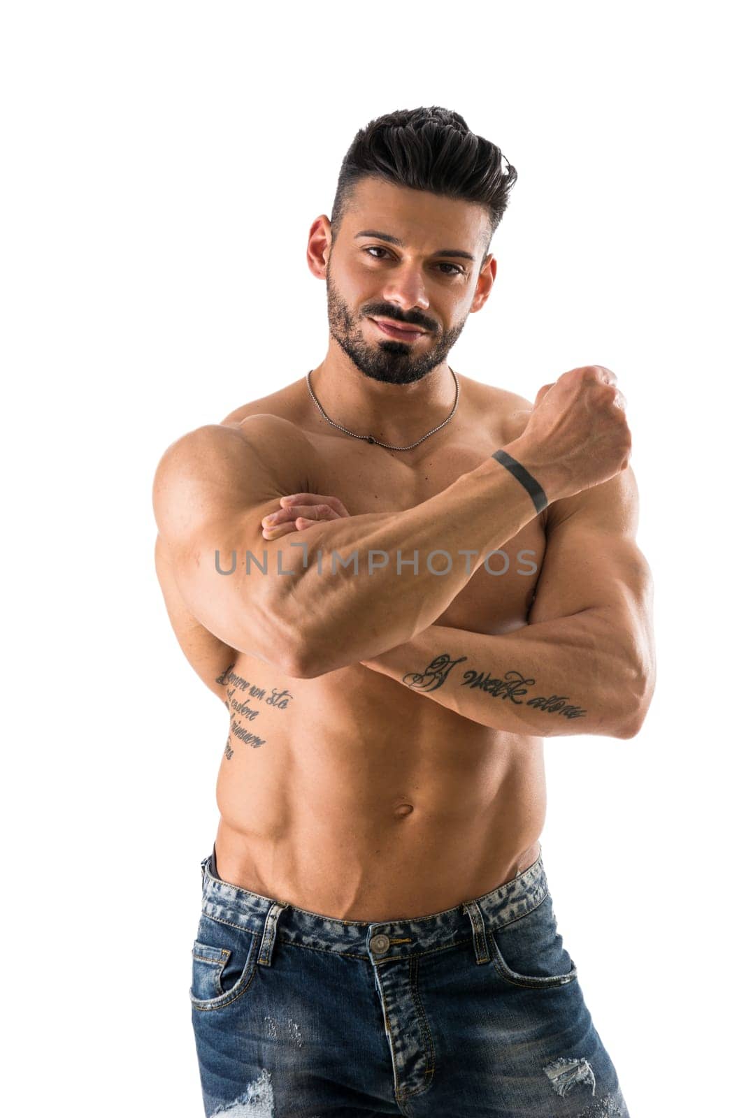 Photo of a shirtless man posing confidently for a photo by artofphoto