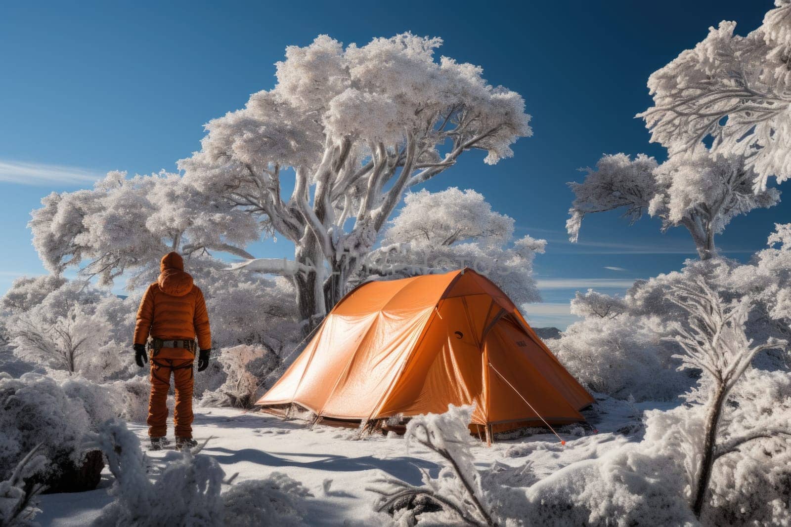 A person standing next to a tent in the snow