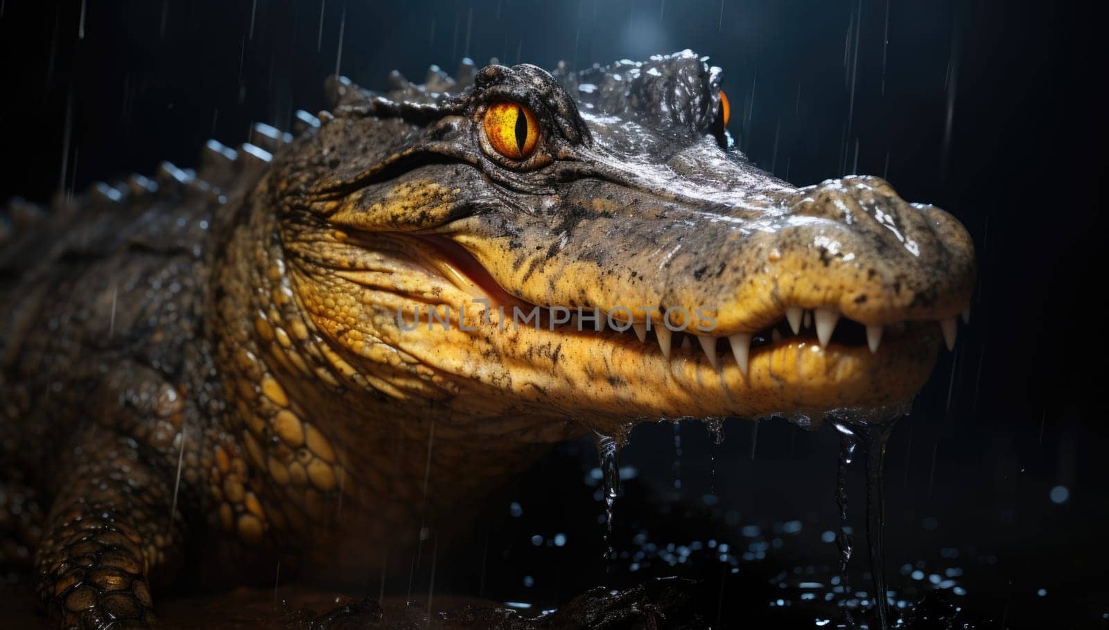 A crocodile with its mouth open in the rain