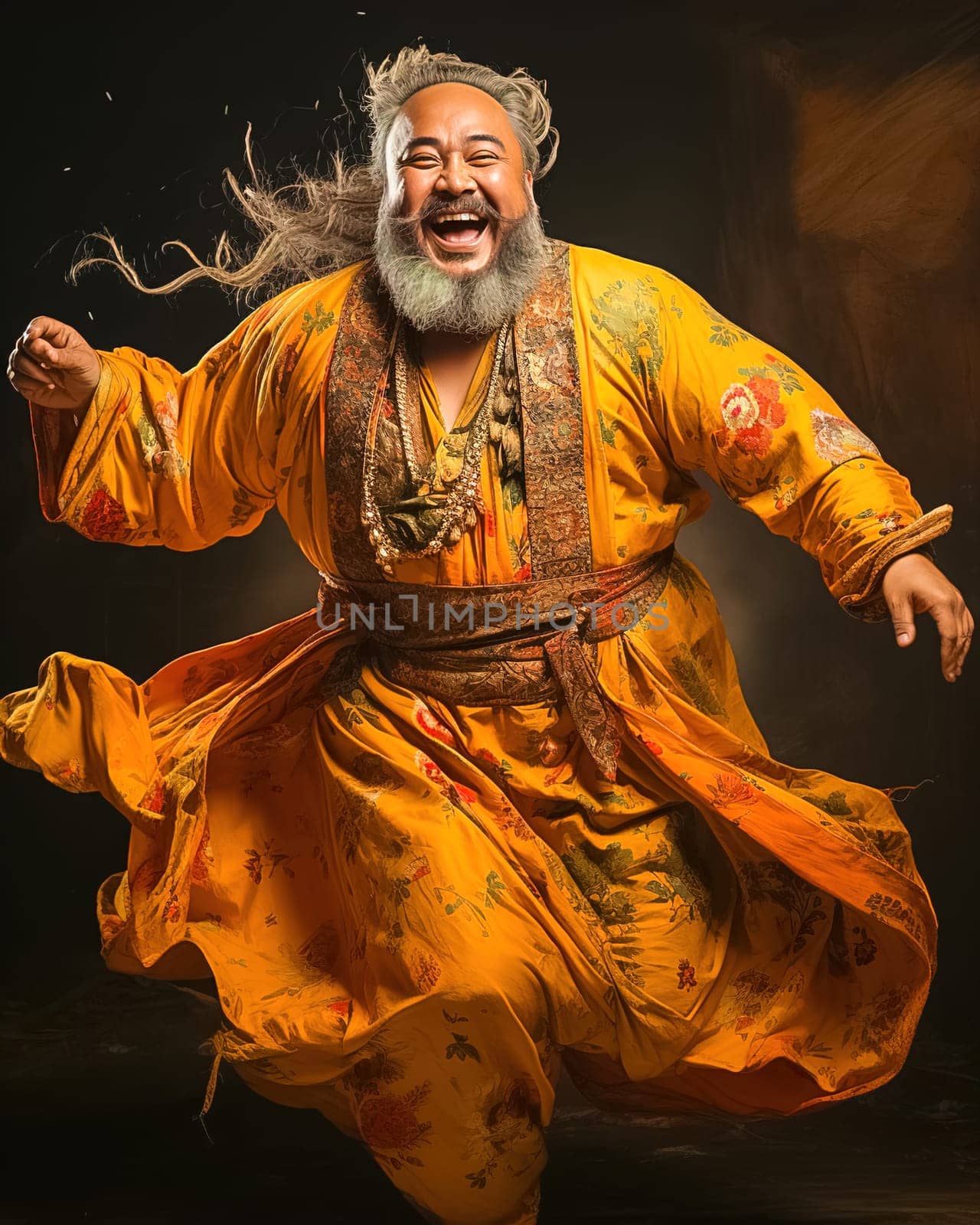 A happy man with a beard dances in an Indian costume. by Yurich32