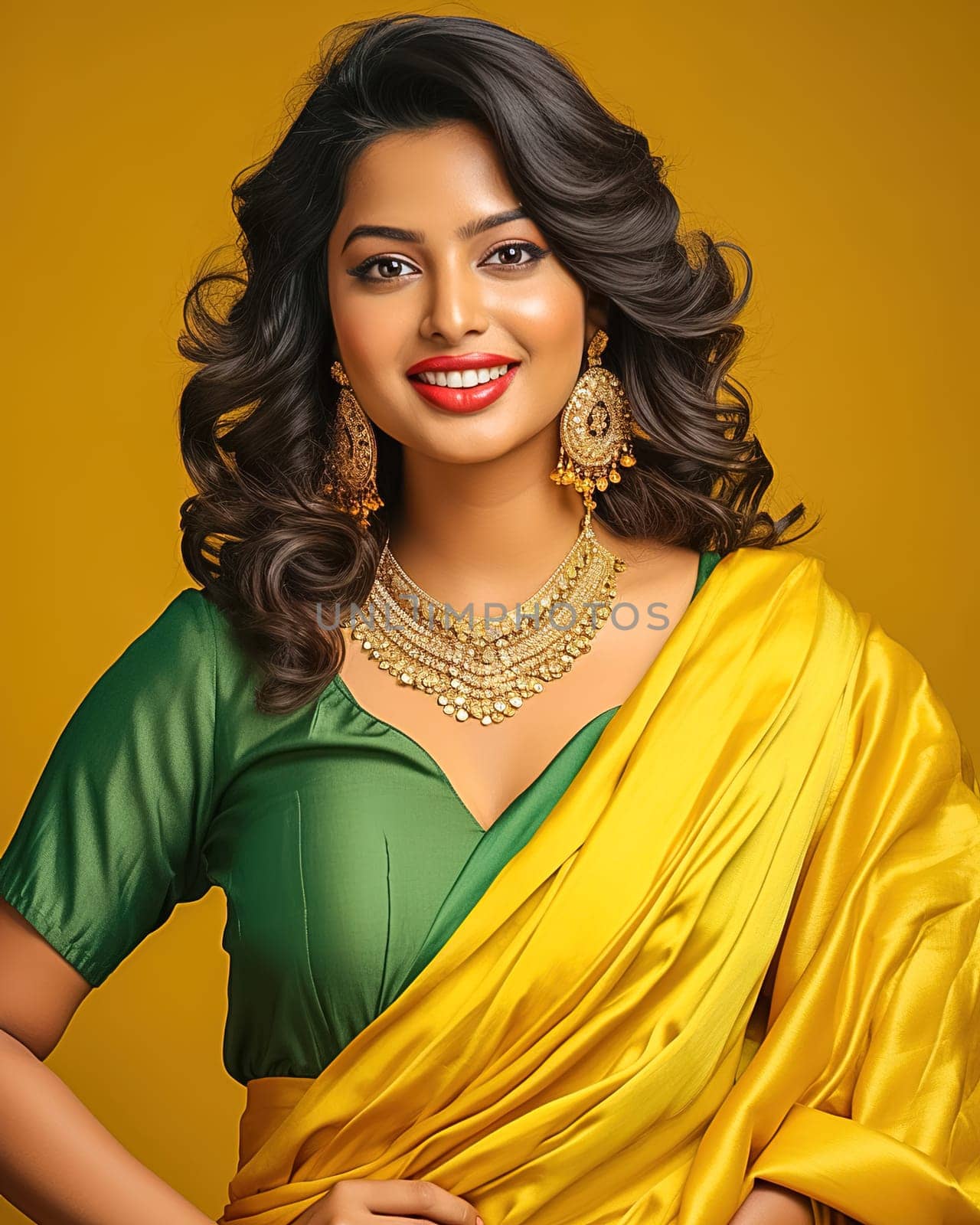 Portrait of Indian woman in green-yellow sari