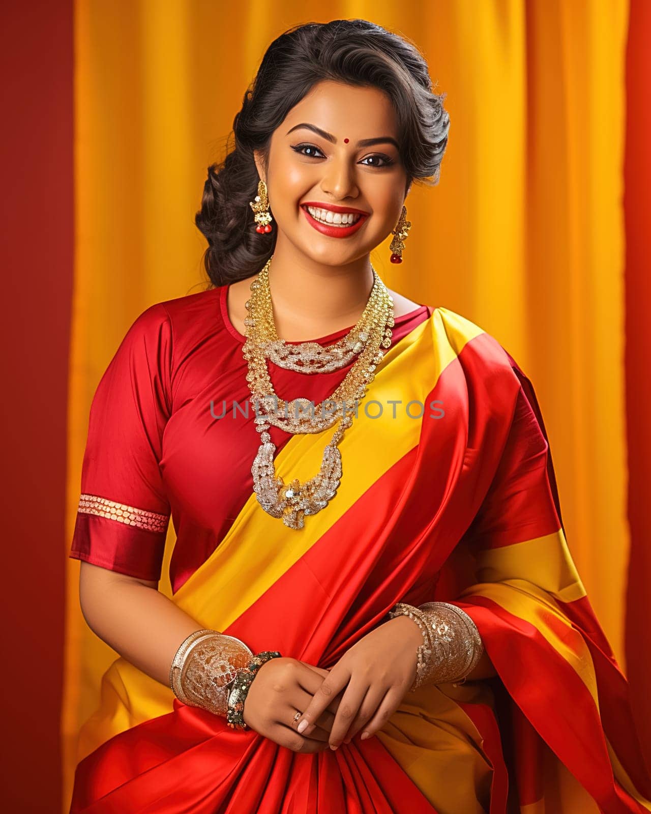 Beautiful Indian woman in red-yellow sari. by Yurich32