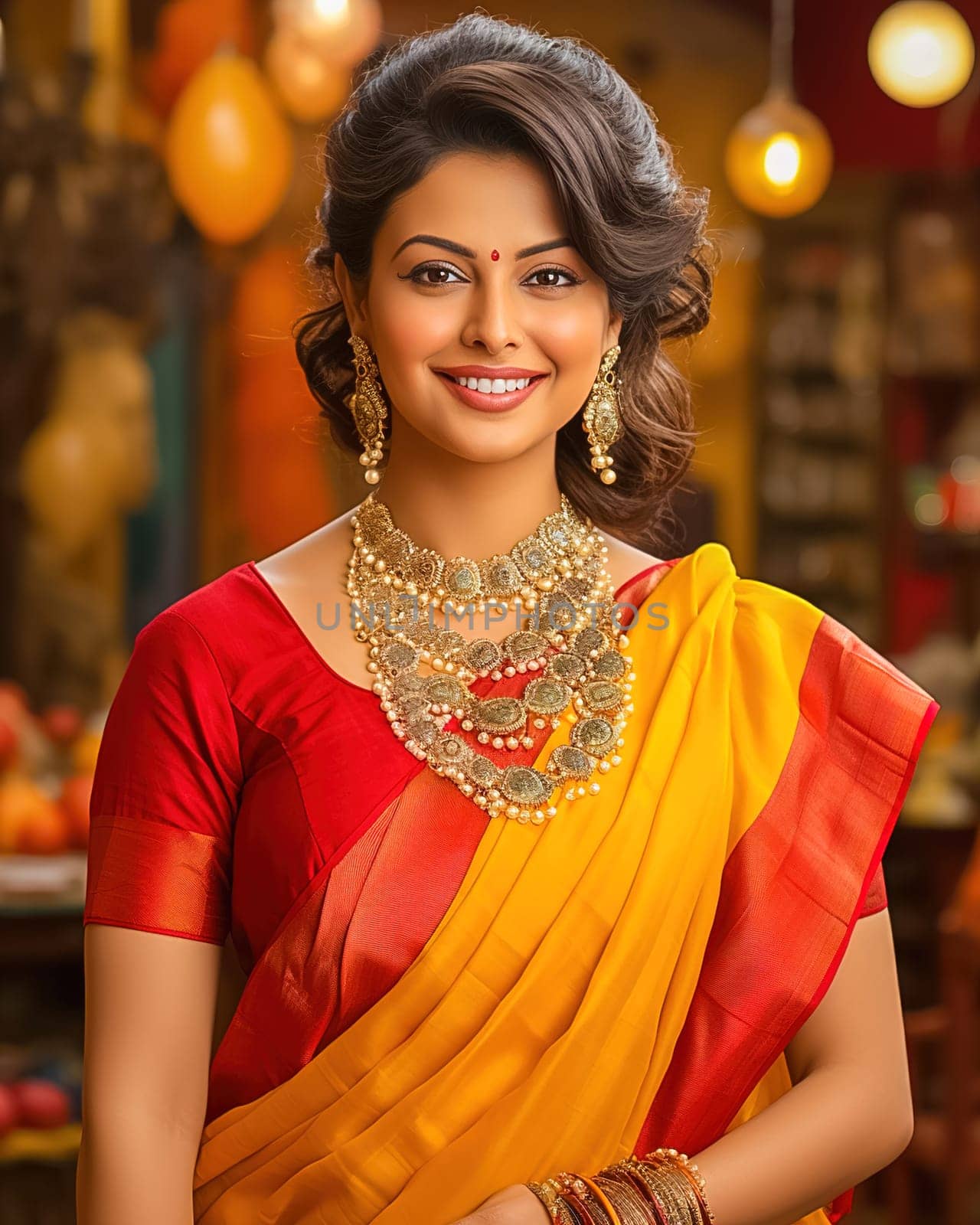 Beautiful Indian woman in red-yellow sari. by Yurich32