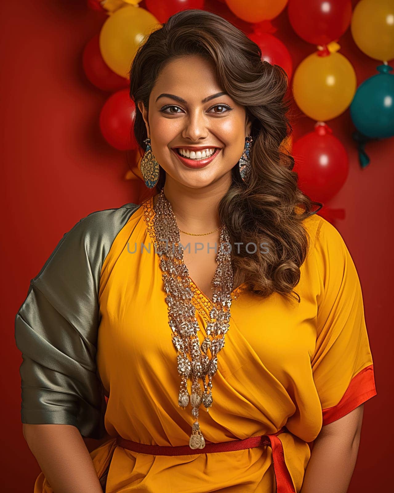Portrait of Indian woman in yellow sari with jewelry