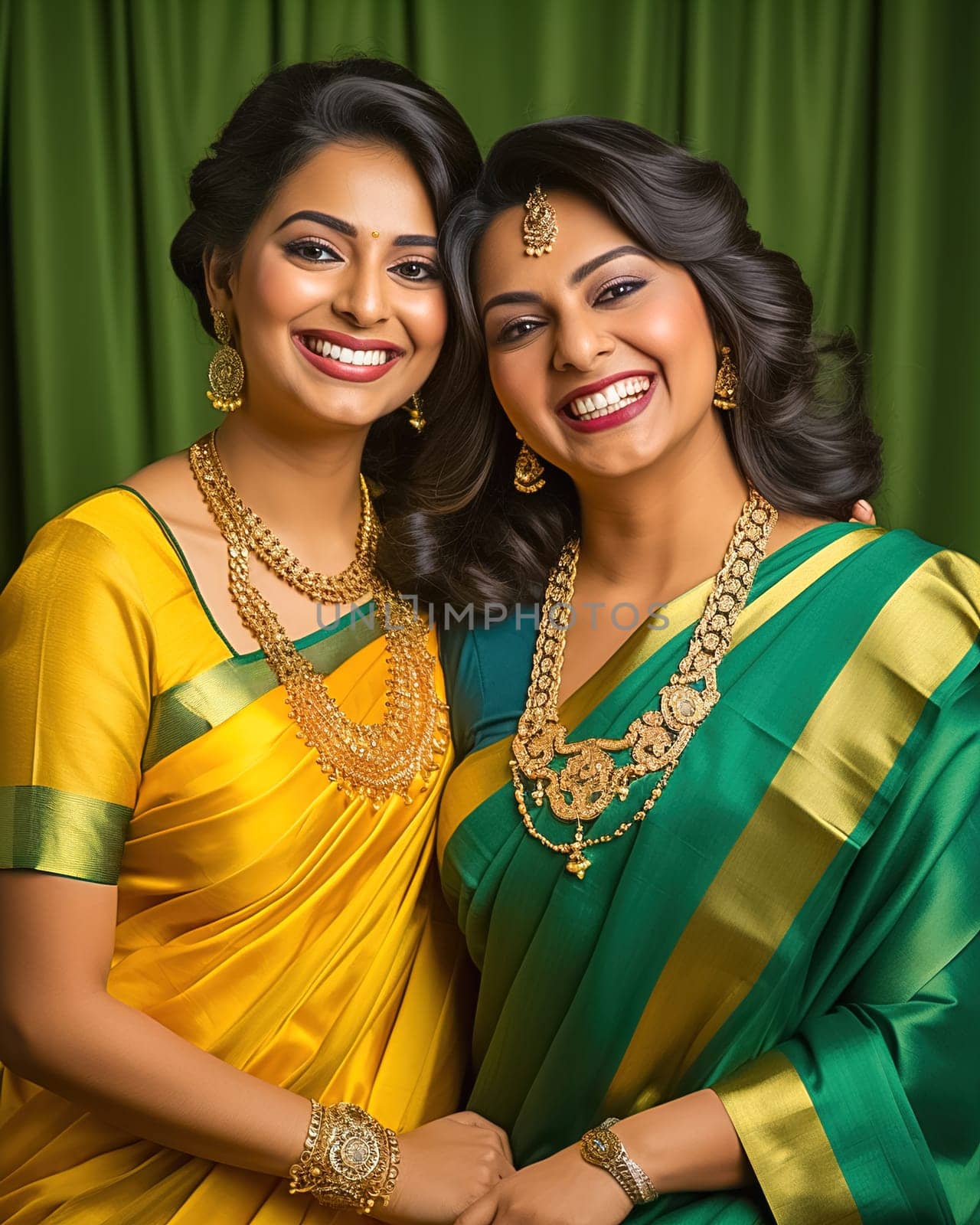 Portrait of two Indian women in yellow and green sari with jewelry