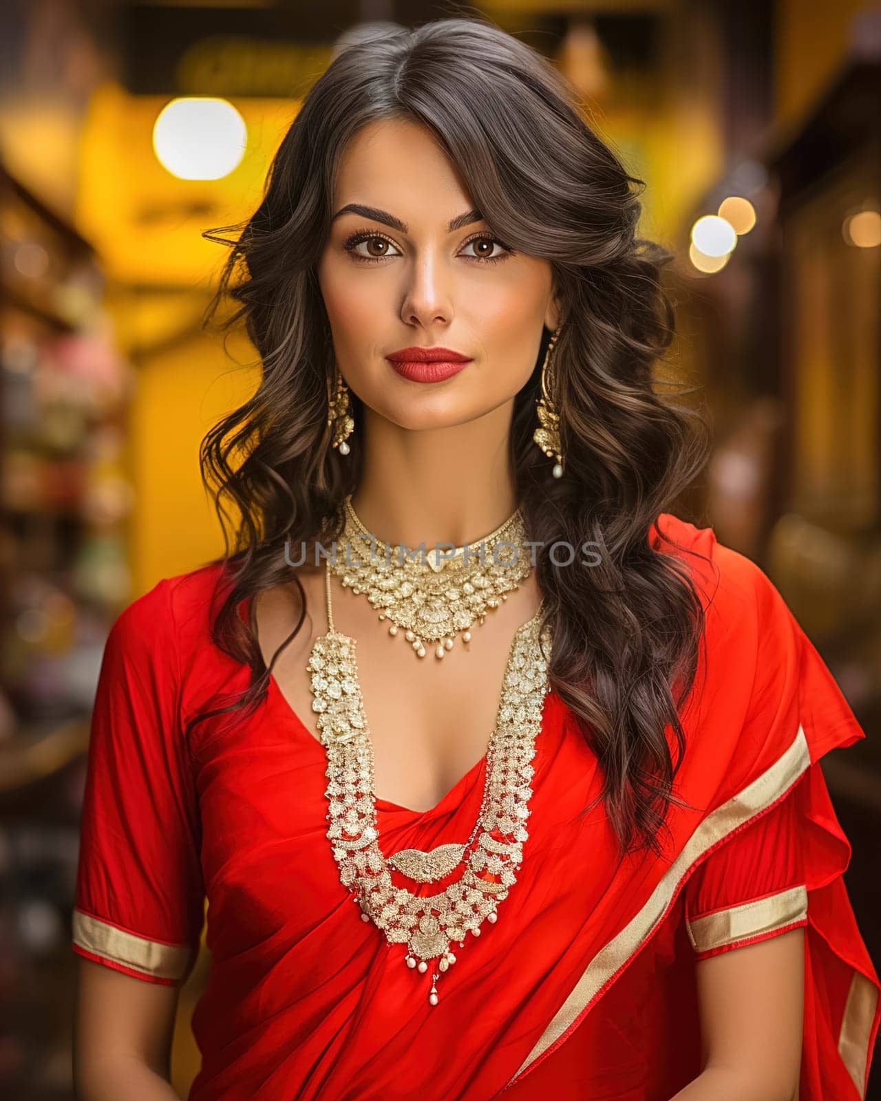 Portrait of Indian woman in red sari with jewelry. by Yurich32
