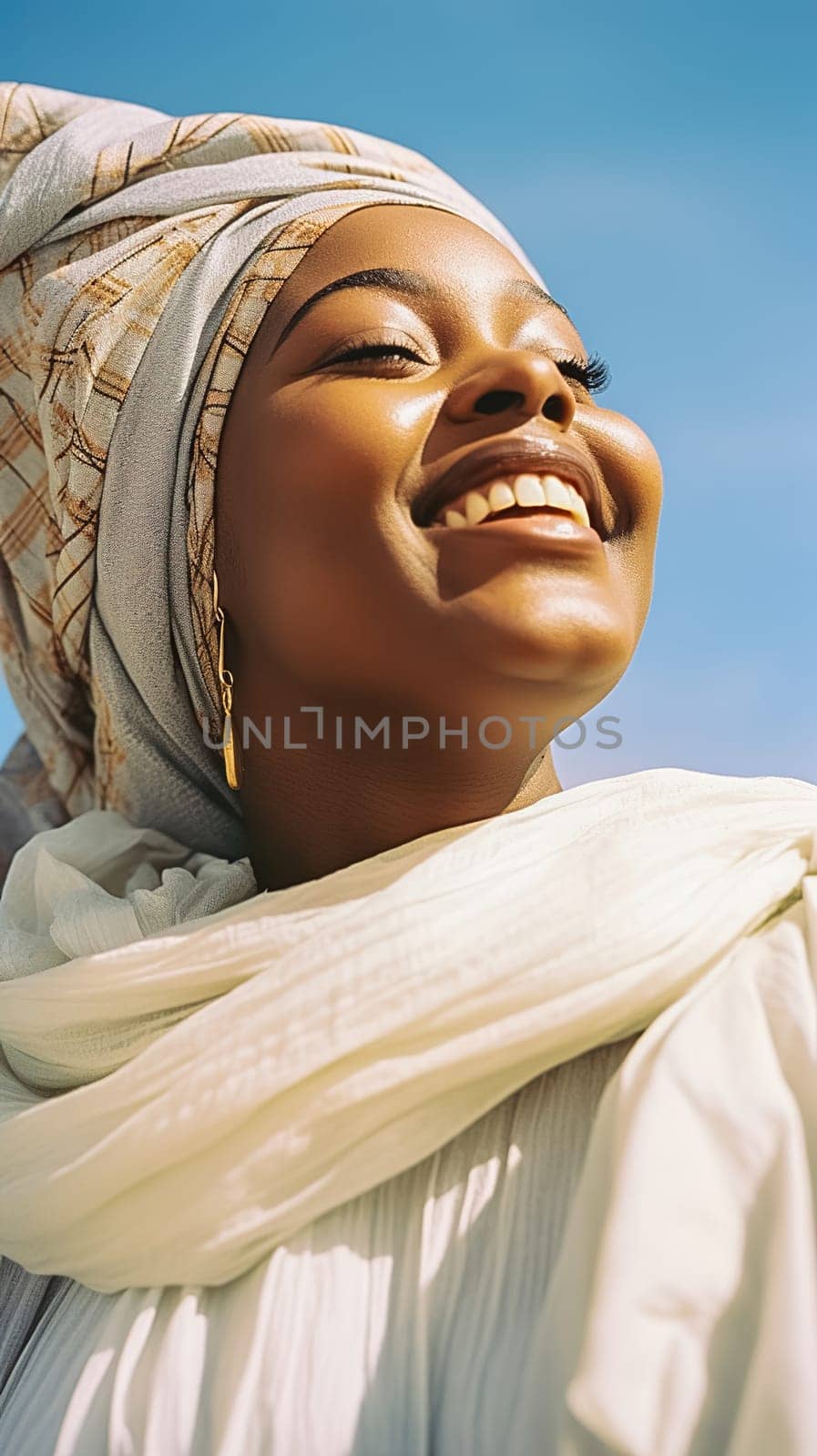 A full, cheerful African-American woman with a turban on her head, wearing white clothing. by Yurich32
