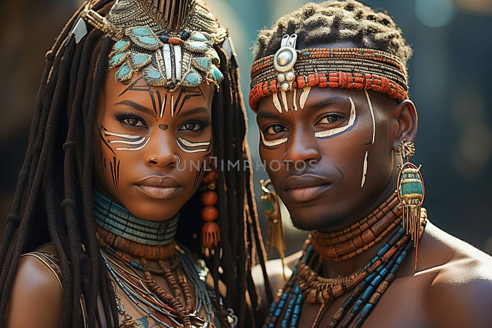 Portrait of an African man and woman with traditionally painted faces and jewelry from an African tribe
