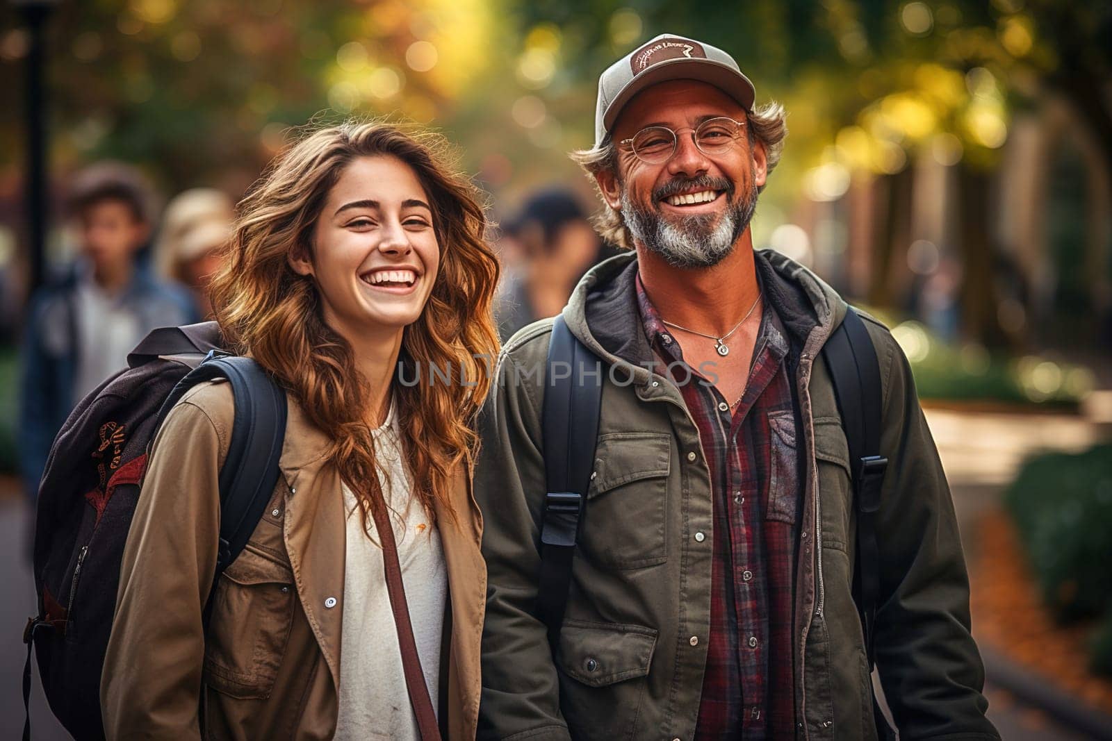 A father and his adult daughter are walking in the park with backpacks