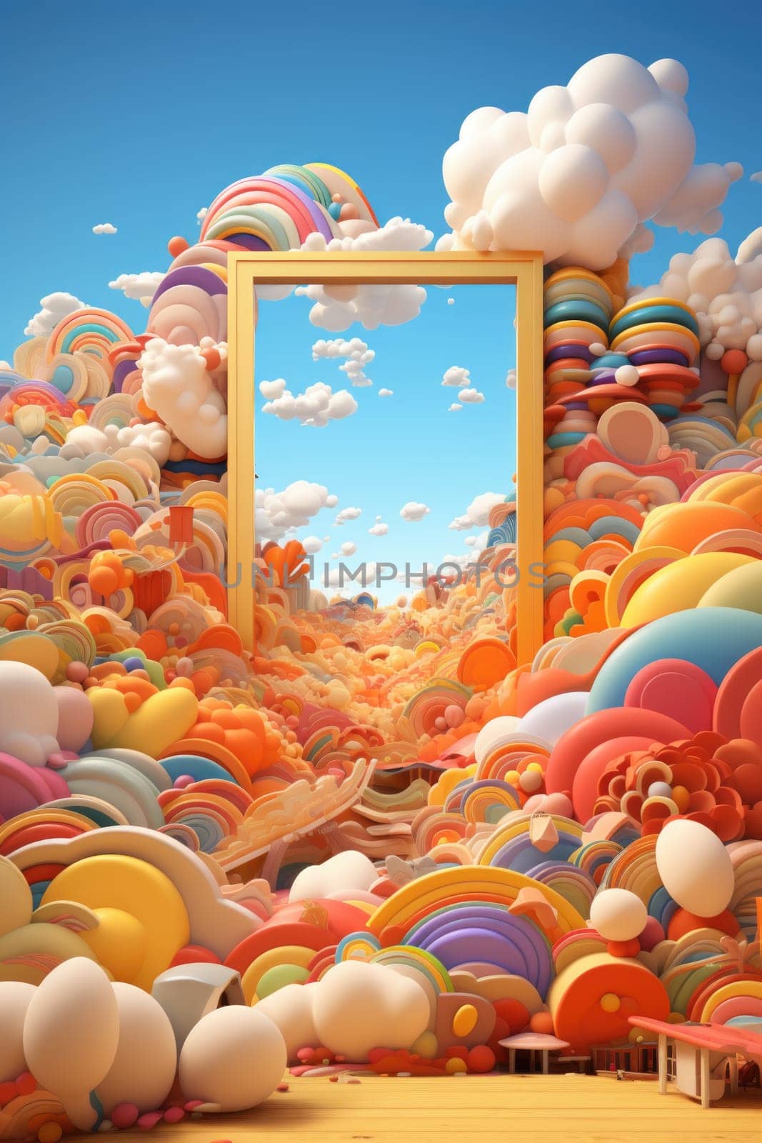 A frame with many colorful clouds in front of it