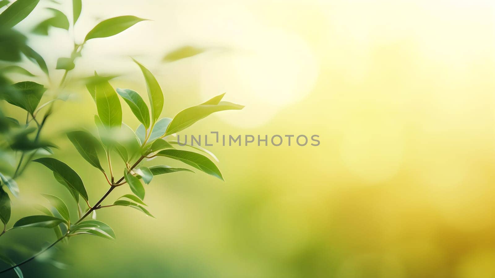 Green leaves against blurred sunny background, ecology concept - AI generative