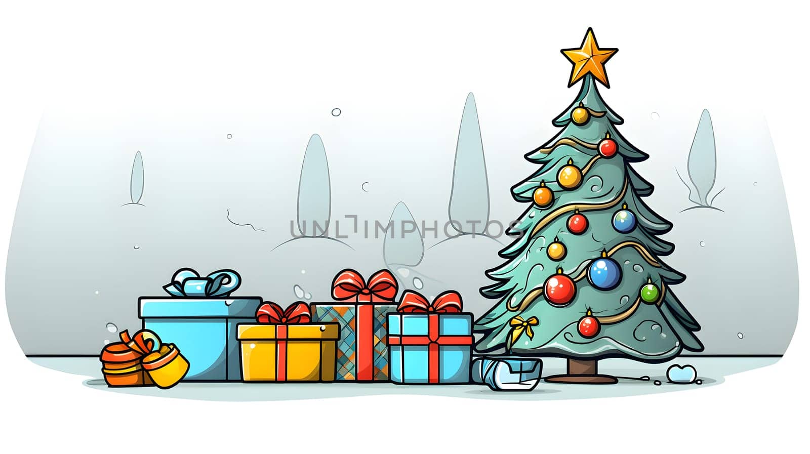 A cute cartoon illustration of a Christmas tree with brightly wrapped presents - Generative AI by chrisroll