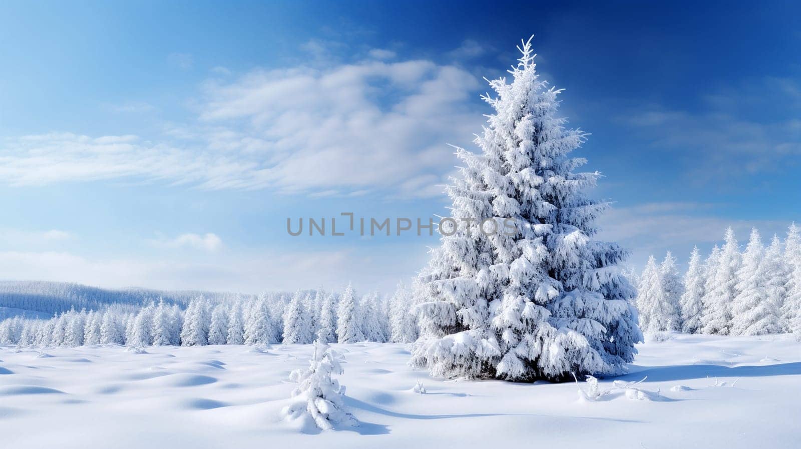 A peaceful snowy scene with a few pine trees standing tall against a crisp blue sky - Christmas concept - AI Generative
