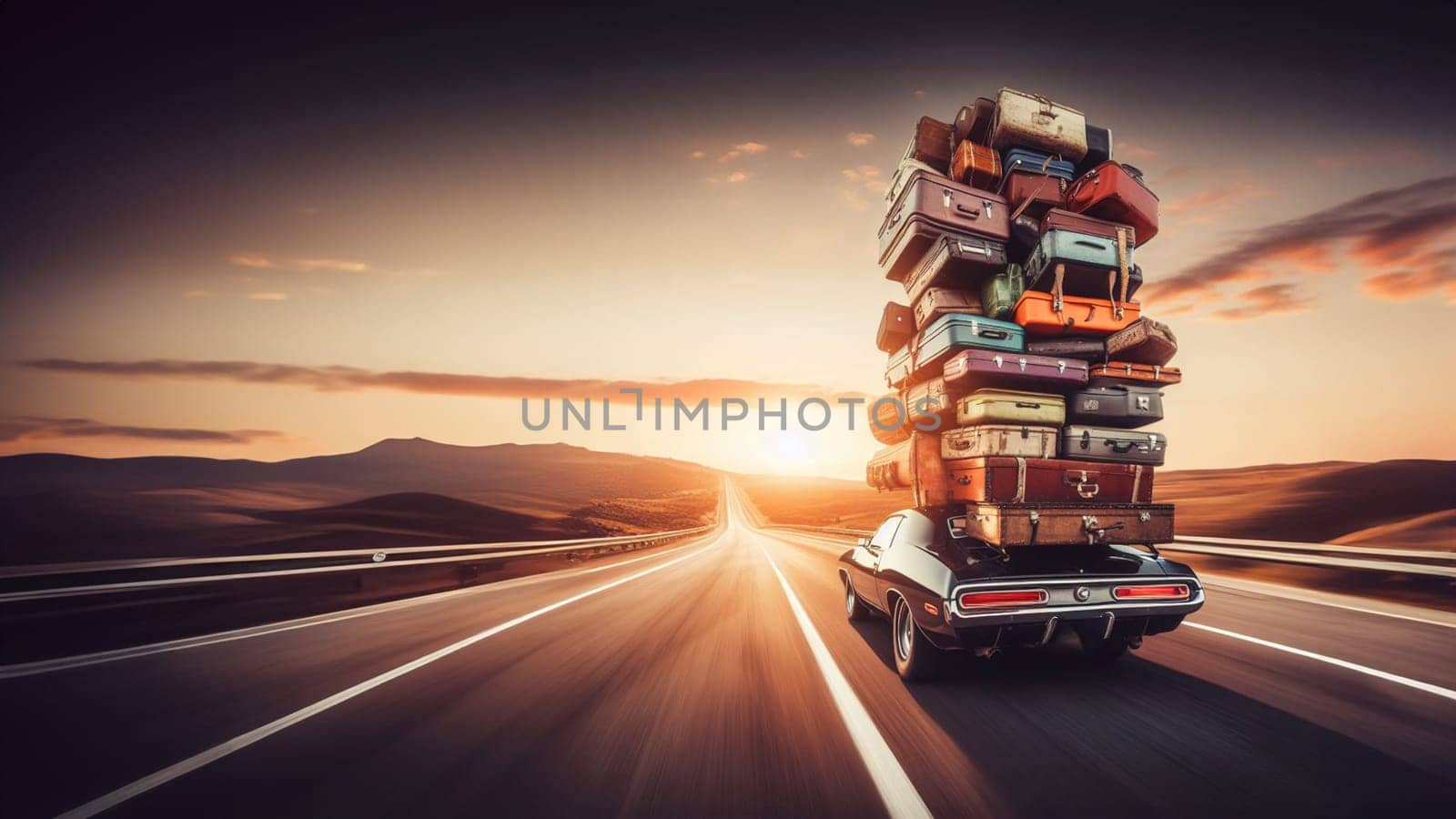 Huge luggage pile on american muscle car roof fast road travel journey holiday lifestyle experience ai generated