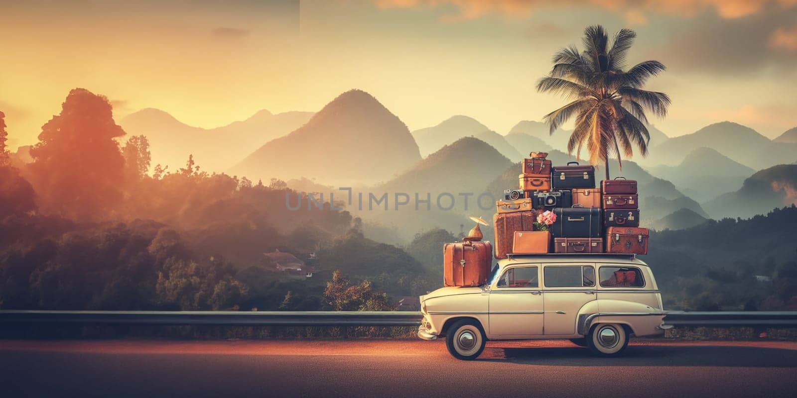 Huge luggage pile on ev eelctric car roof , road travel journey holiday lifestyle, vlogging life ai generated