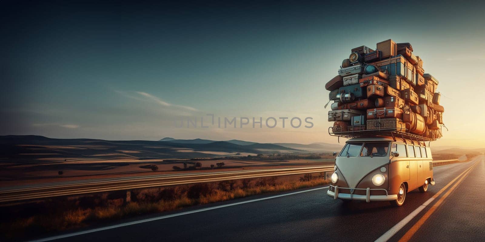 huge load luggage on roof of vintage german 70s van t1 nomadic lifestyle Vacation traveling on road generated ai art