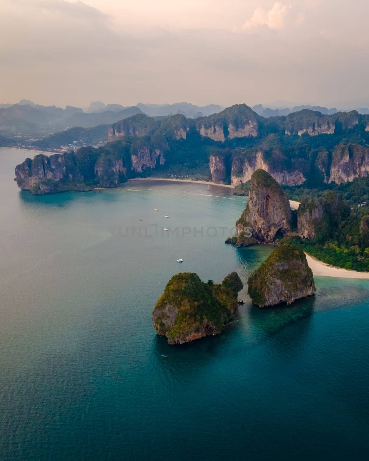 Railay Beach Krabi Thailand, the tropical beach of Railay Krabi, drone view from above at the beach of idyllic Railay Beach in Thailand