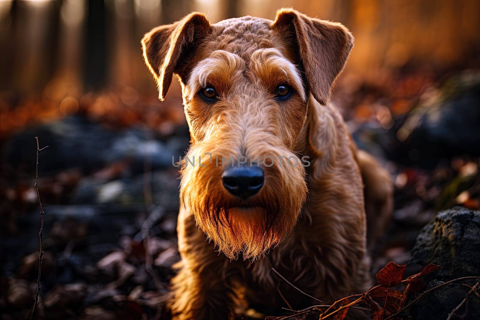 Portrait of Airedale Terrier, close up photo. Ai generative art