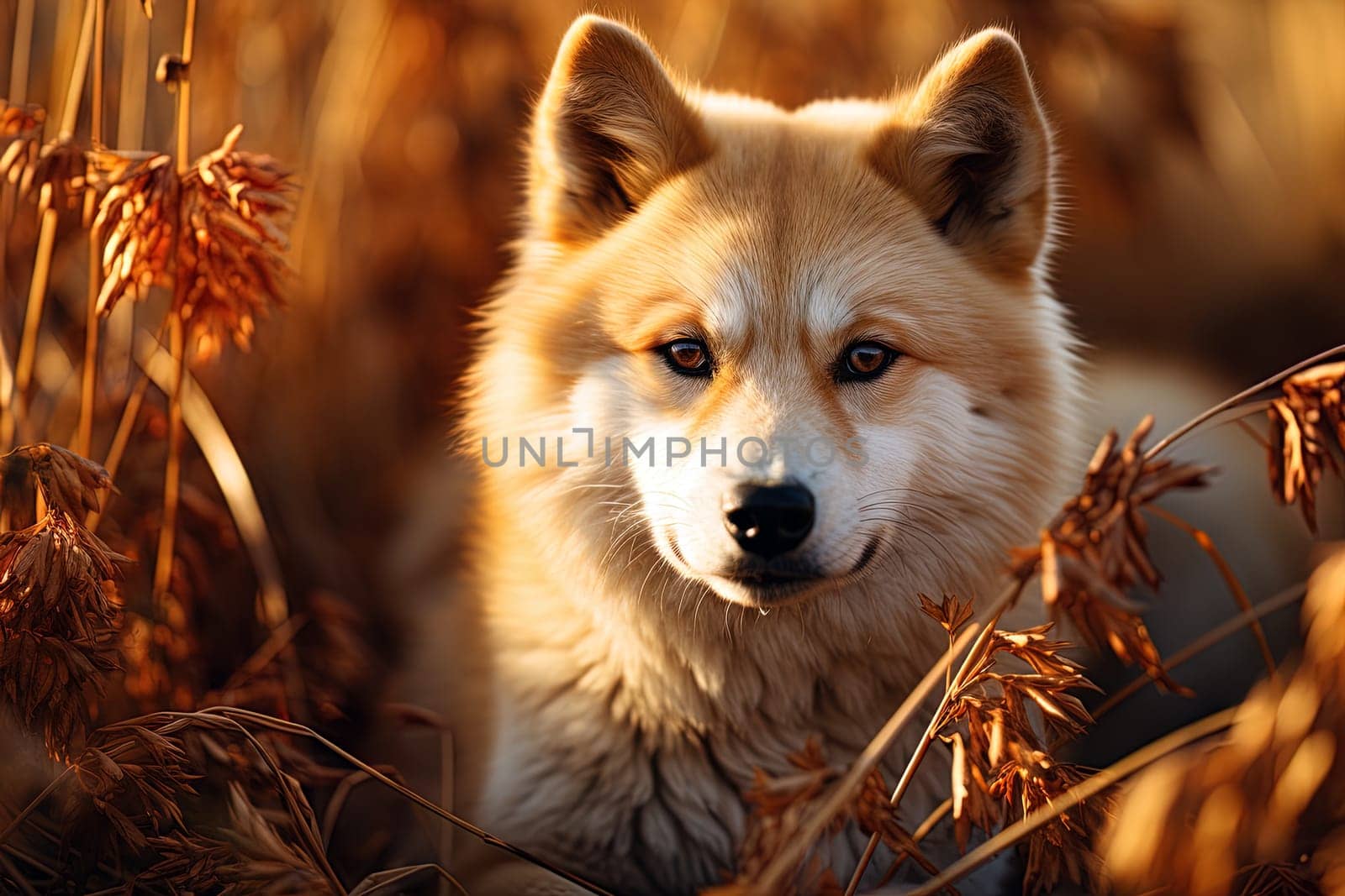 A Akita Inu dog on the background of autumn nature. Ai generative art