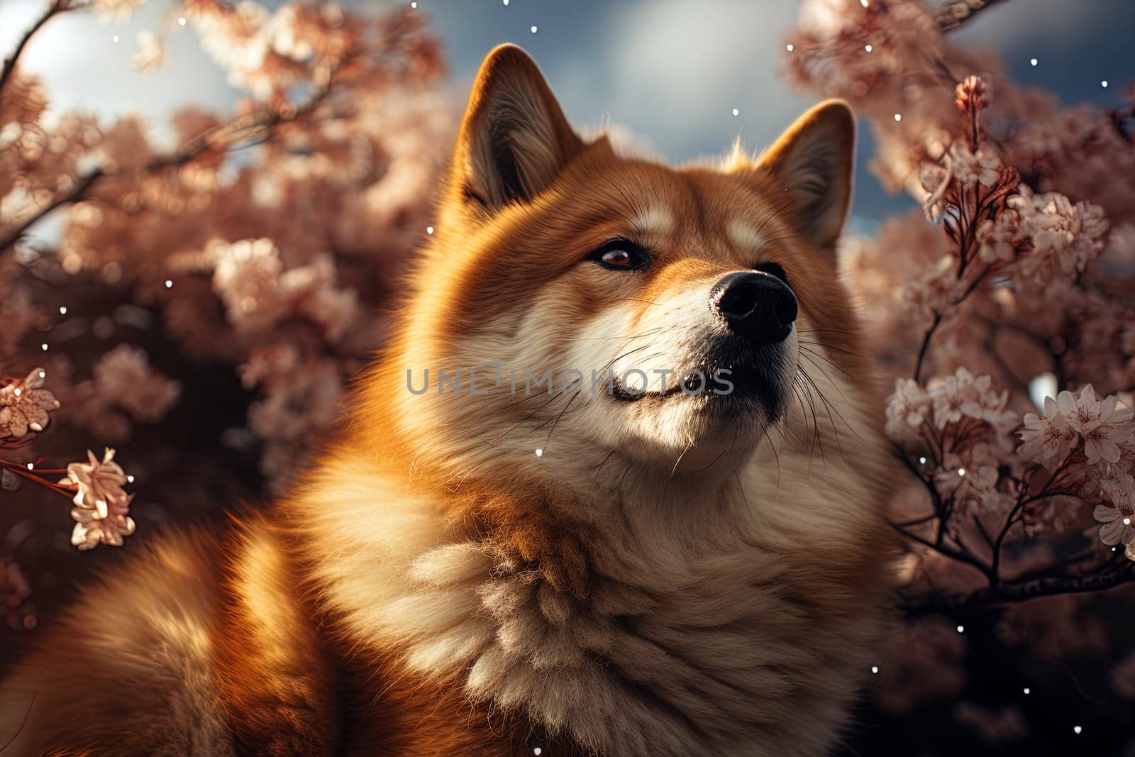 Akita Inu on the background of flowering trees, close-up photo, Ai generative art