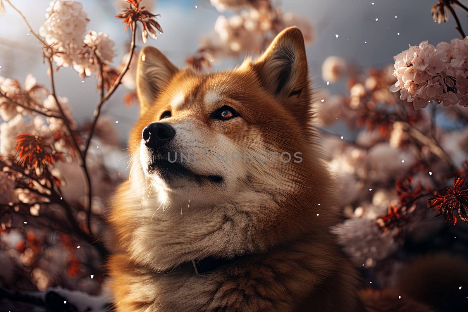 Akita Inu on the background of flowering trees, close-up photo, Ai generative art