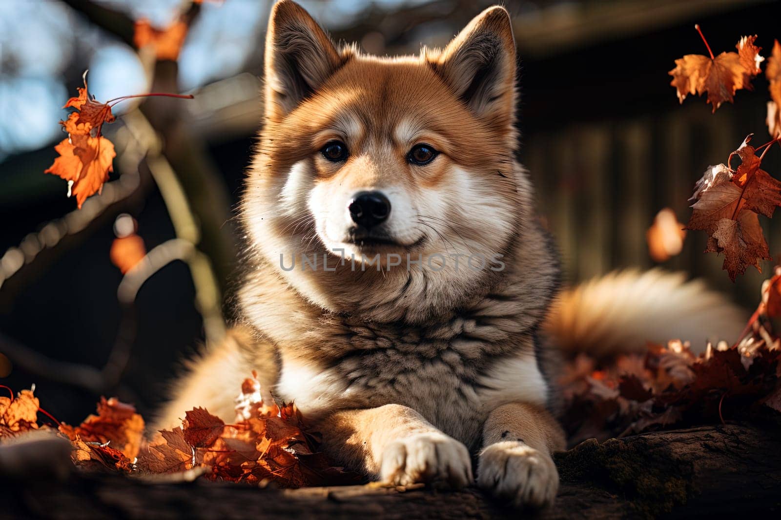 A Akita Inu dog on the background of autumn nature. Ai generative art