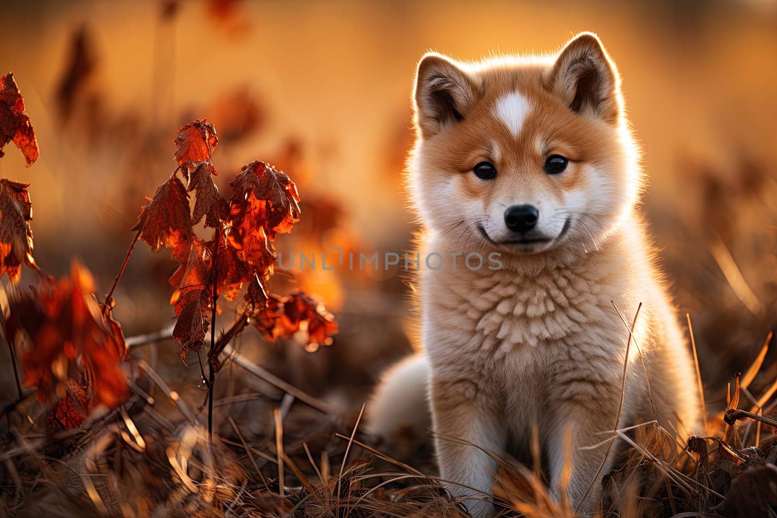 A small Akita Inu puppy on the background of autumn nature. Ai generative art