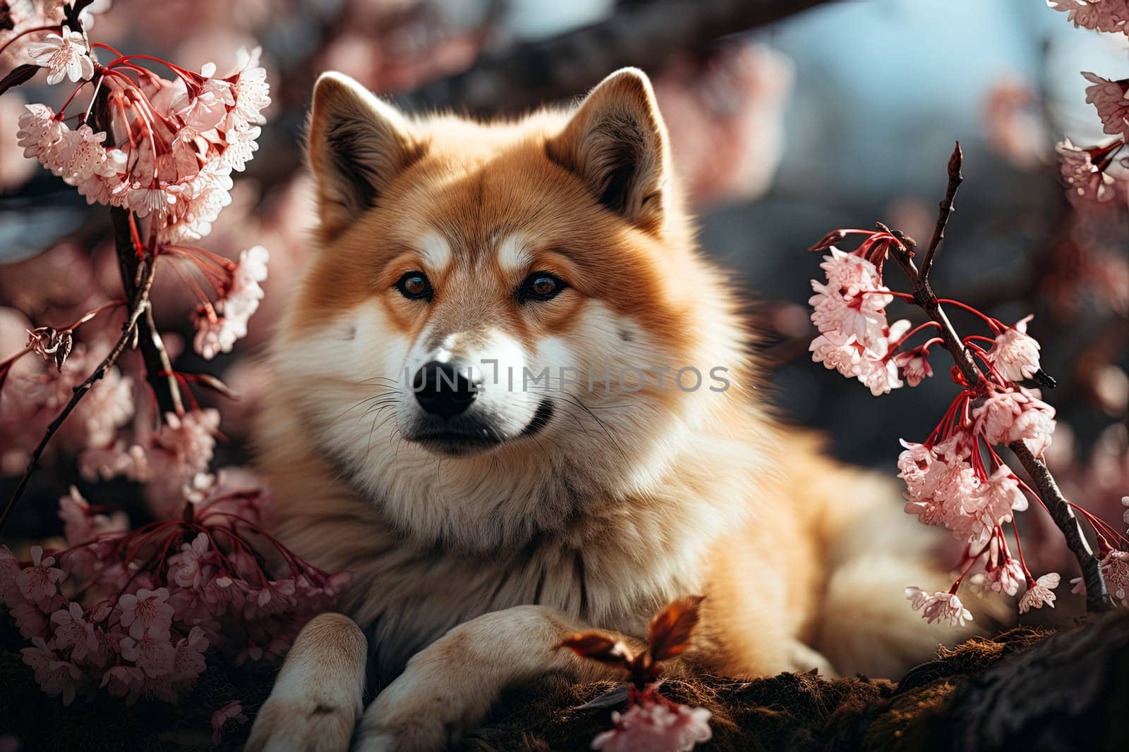 Akita Inu on the background of flowering trees, close-up photo, Ai generative art