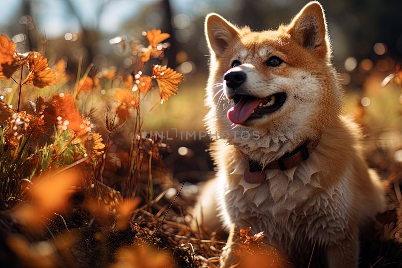 A Akita Inu dog on the background of autumn nature. Ai generative art