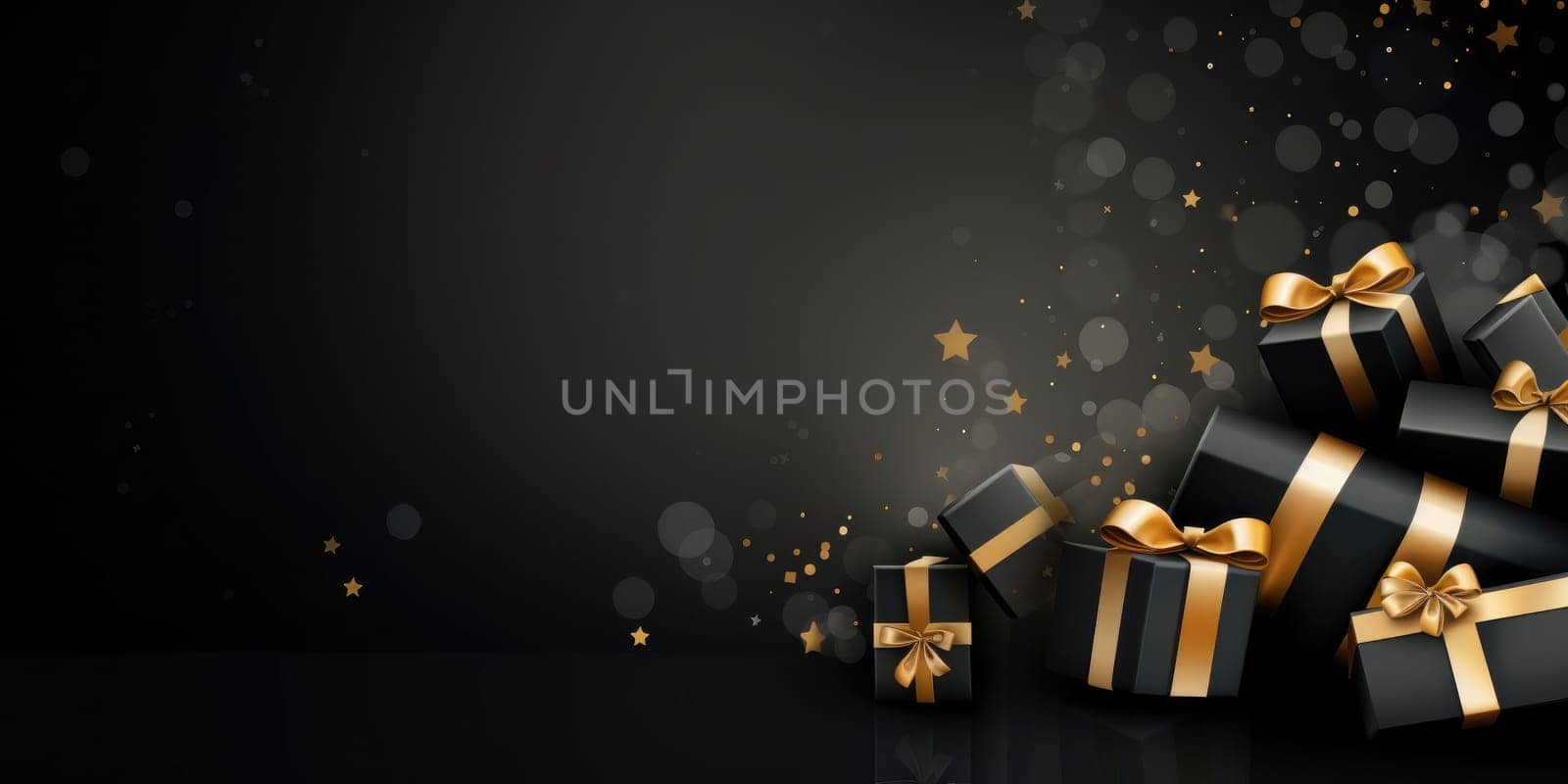 Black Friday. Cyber Monday. Gift boxes with golden ribbon on black background with copy space for text. Generative ai by nateemee