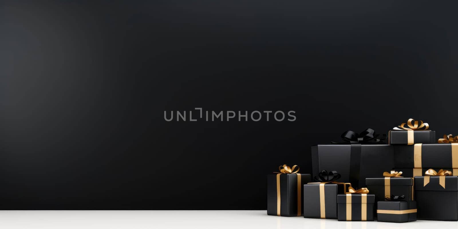 Black Friday. Cyber Monday. Gift boxes with golden ribbon on black background with copy space for text. Generative ai by nateemee