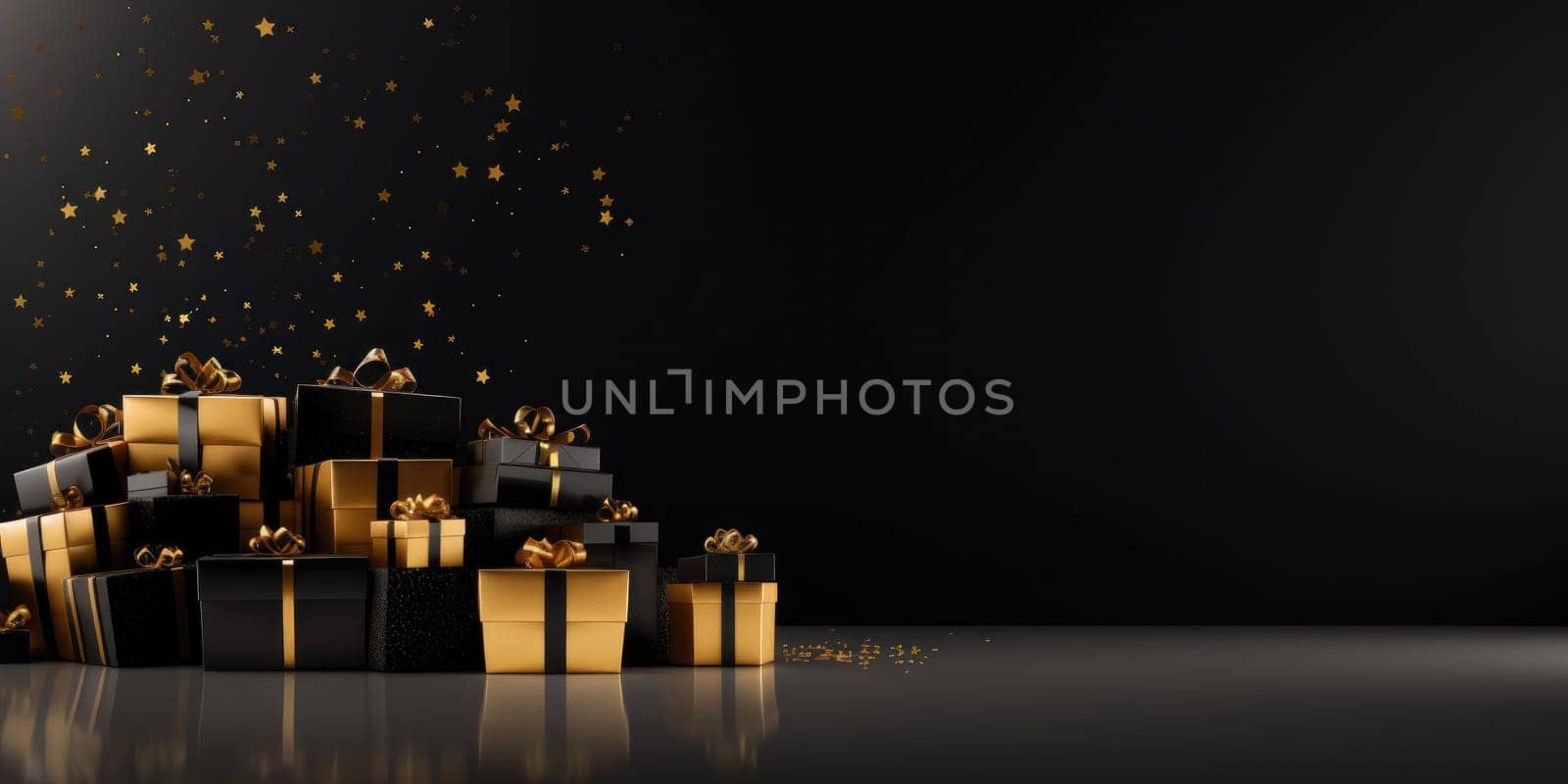 Black Friday. Cyber Monday. Gift boxes with golden ribbon on black background with copy space for text. Generative ai by nateemee