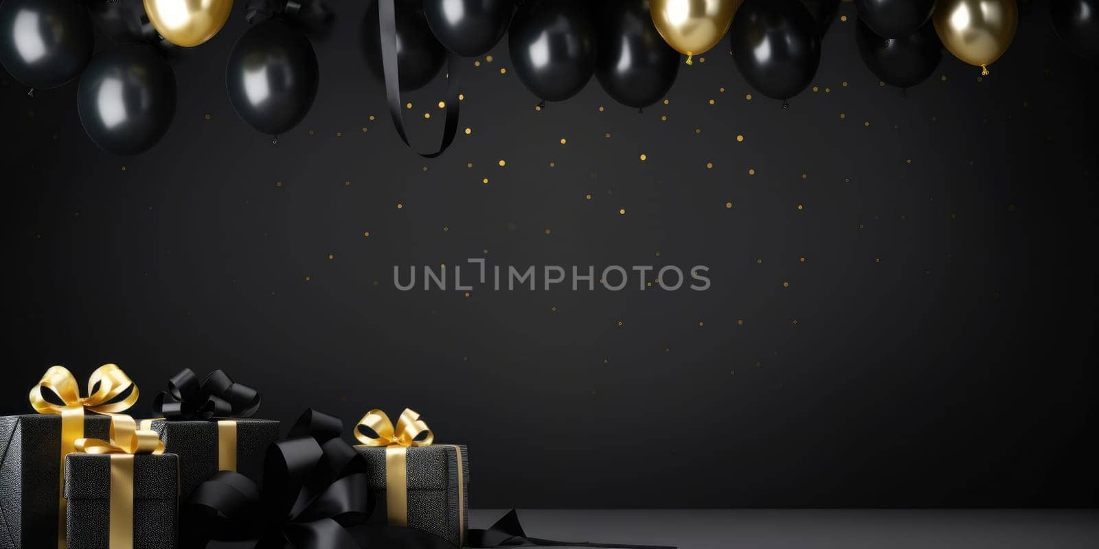 Black Friday. Cyber Monday. Gift boxes with golden ribbon on black background with copy space for text. Generative ai.