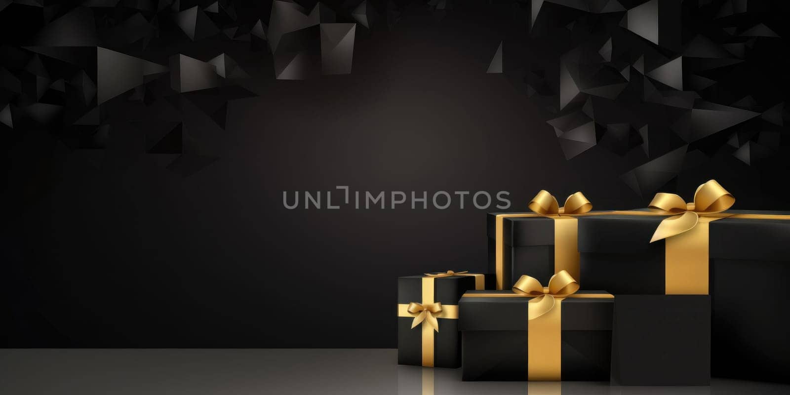 Black Friday. Cyber Monday. Gift boxes with golden ribbon on black background with copy space for text. Generative ai by nateemee