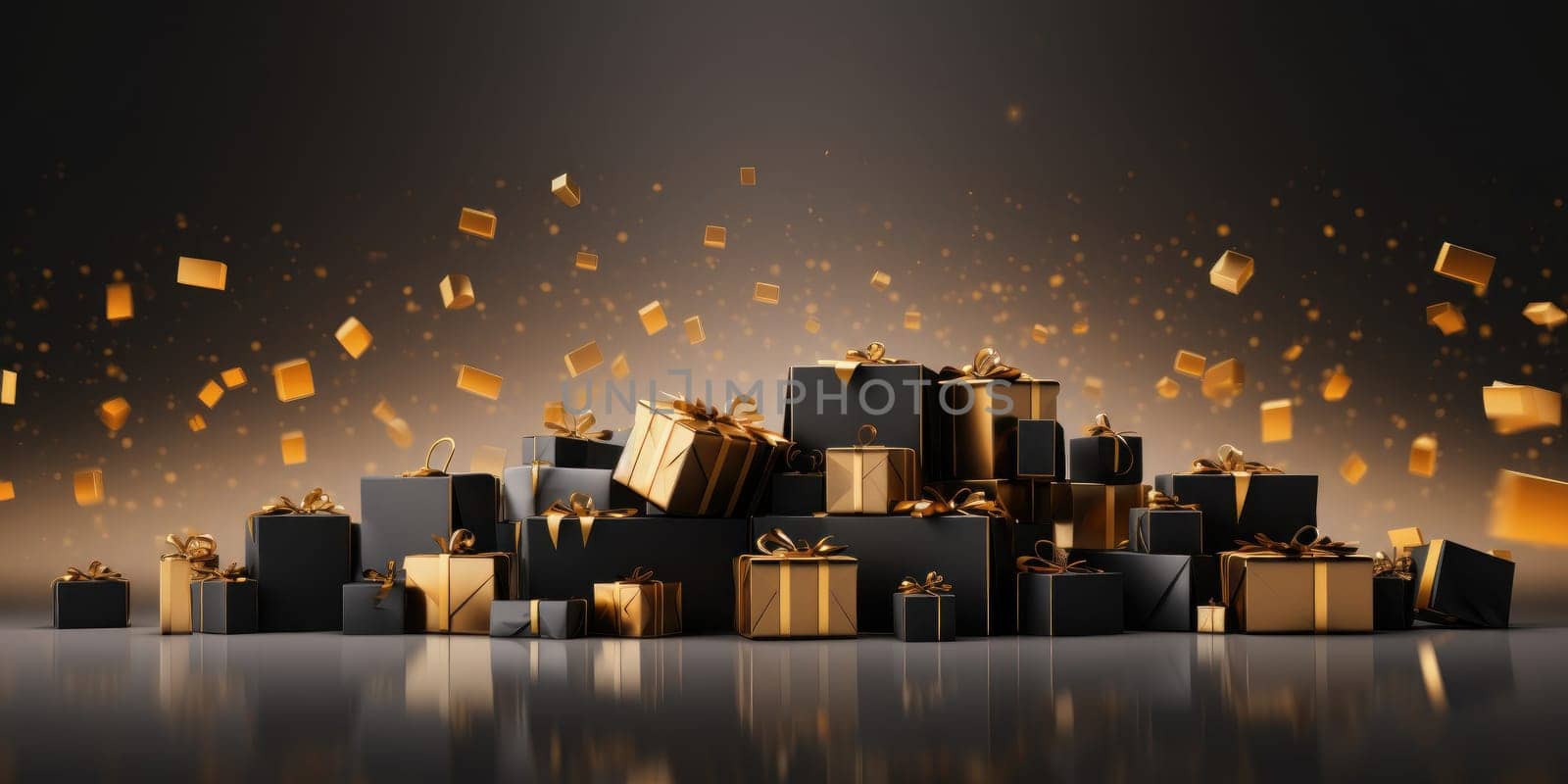 Black Friday. Cyber Monday. Gift boxes with golden ribbon on black background with copy space for text. Generative ai.