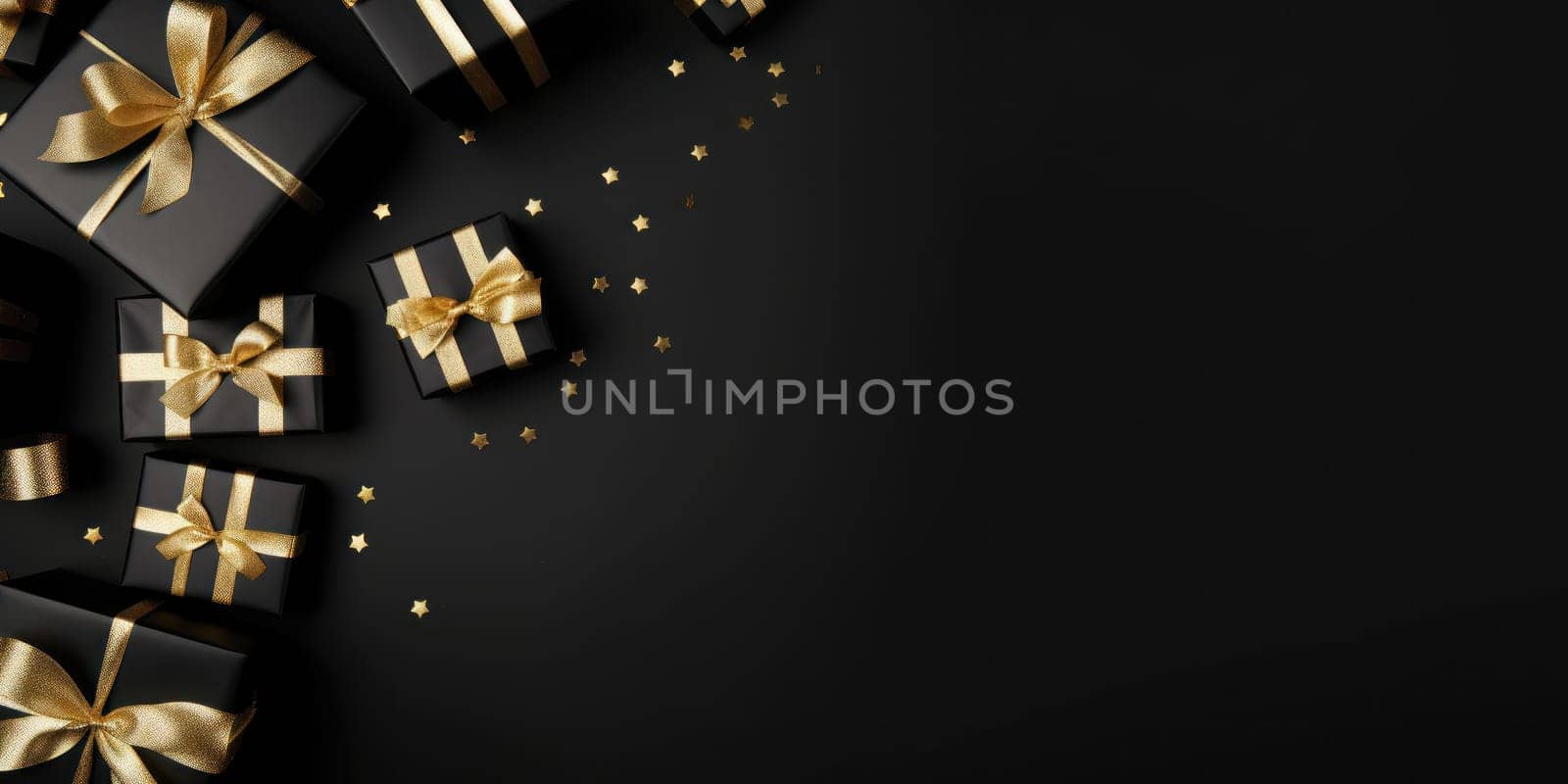 Black Friday. Cyber Monday. Gift boxes with golden ribbon on black background with copy space for text. Generative ai.