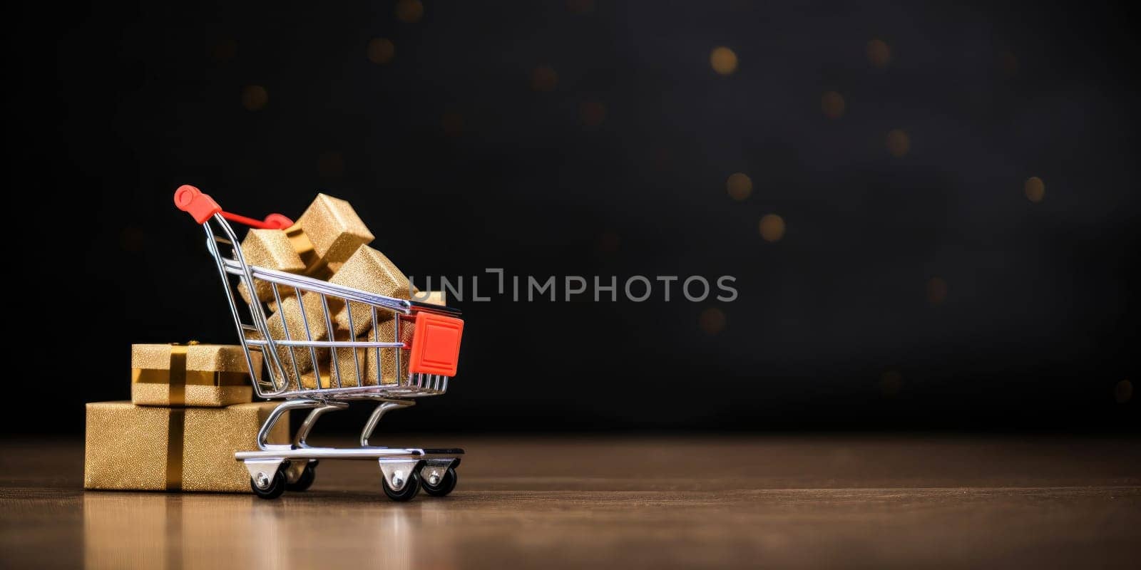 Shopping cart with cardboard boxes banner background, online stores concept. Cyber Monday, black Friday and Christmas sale concept. Generative AI.