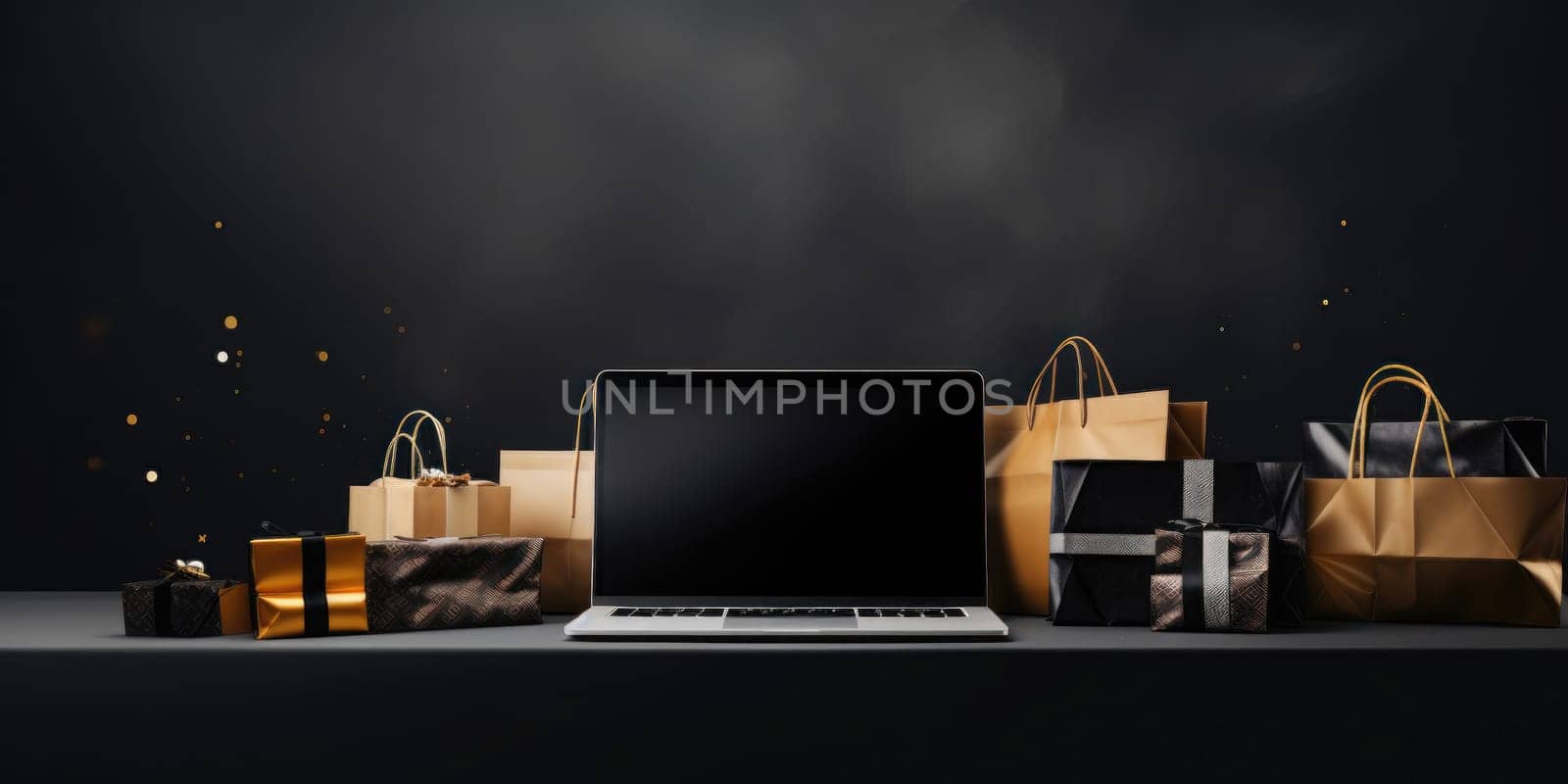 Cyber Monday shopping sales conceptual background with gift boxes and laptop, generative ai by nateemee