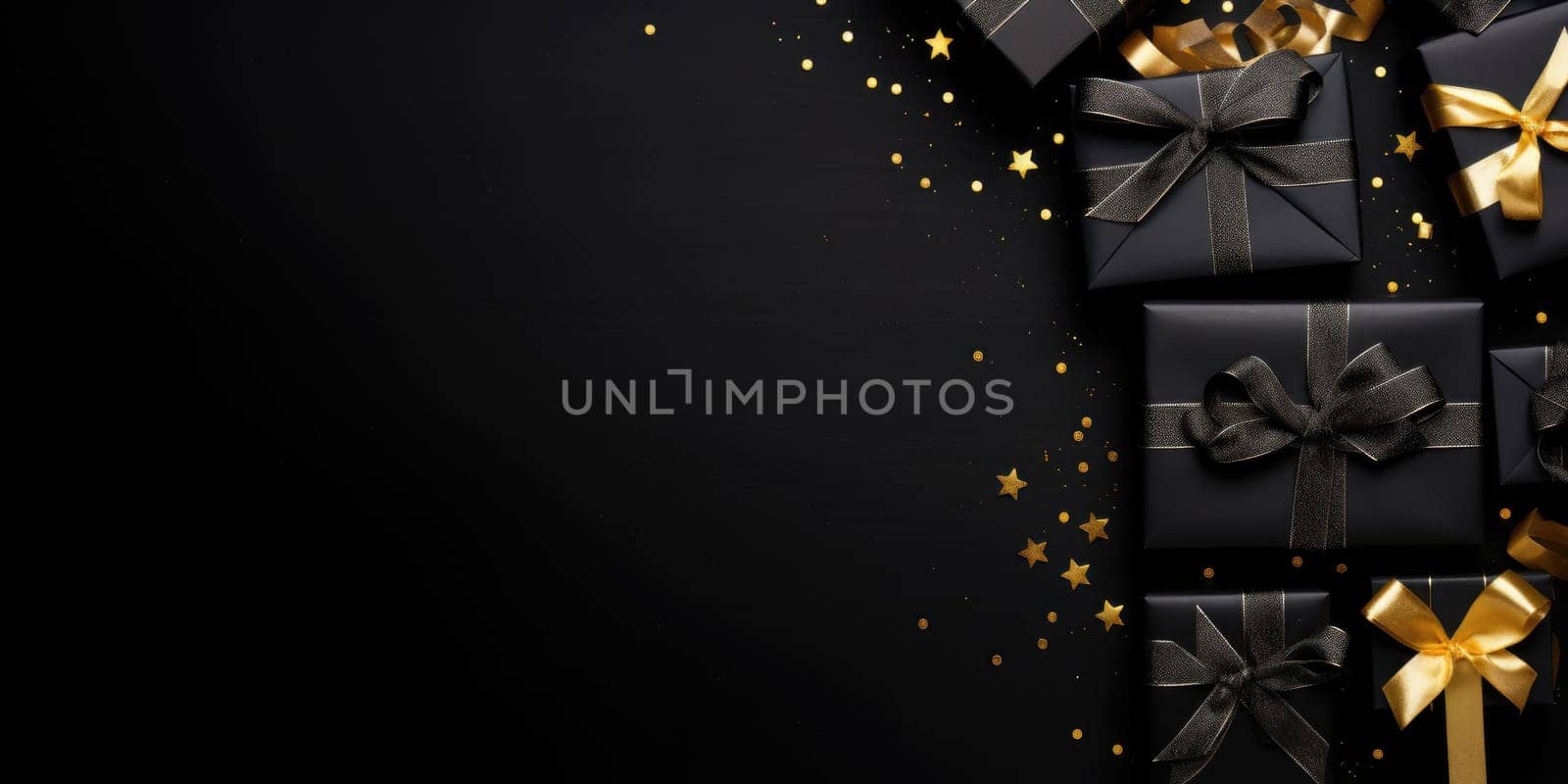 Black Friday. Cyber Monday. Gift boxes with golden ribbon on black background with copy space for text. Generative ai by nateemee