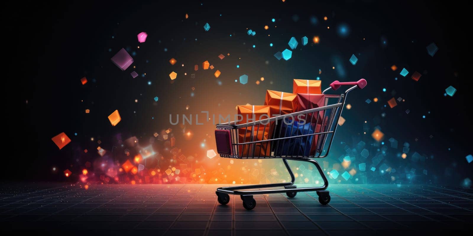 Shopping cart with cardboard boxes banner background, online stores concept. Cyber Monday, black Friday and Christmas sale concept. Generative AI by nateemee