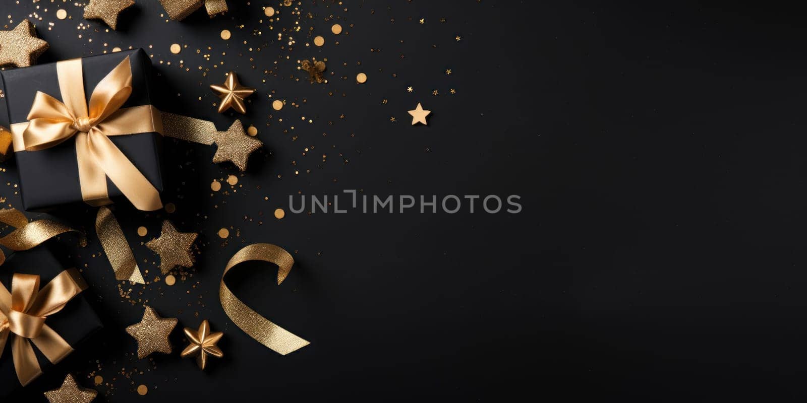 Black Friday. Cyber Monday. Gift boxes with golden ribbon on black background with copy space for text. Generative ai.