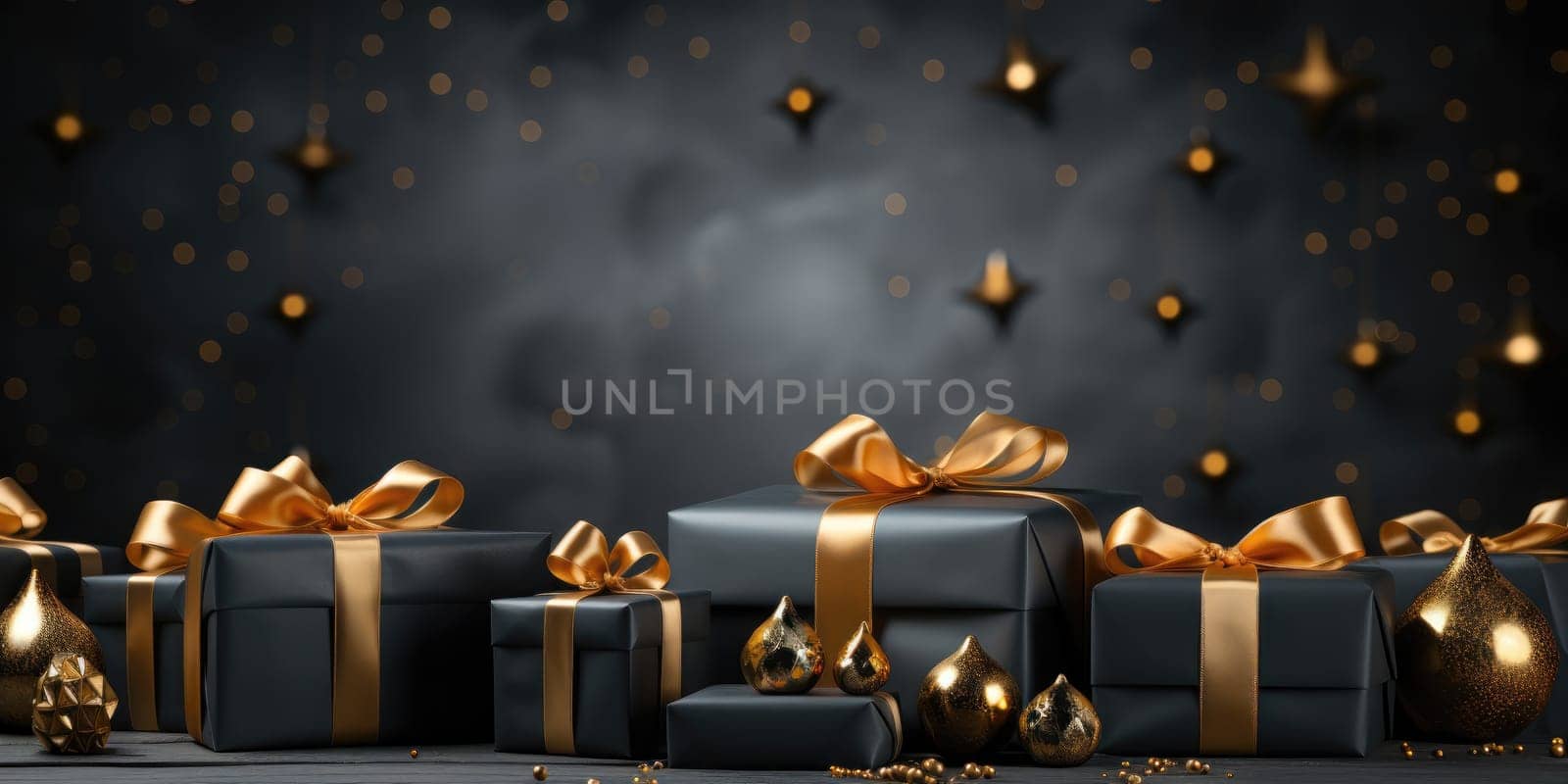 Black Friday. Cyber Monday. Gift boxes with golden ribbon on black background with copy space for text. Generative ai by nateemee