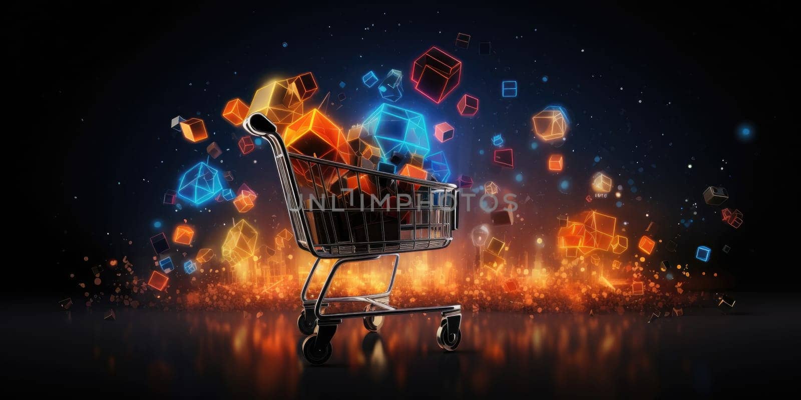 Shopping cart with cardboard boxes banner background, online stores concept. Cyber Monday, black Friday and Christmas sale concept. Generative AI by nateemee