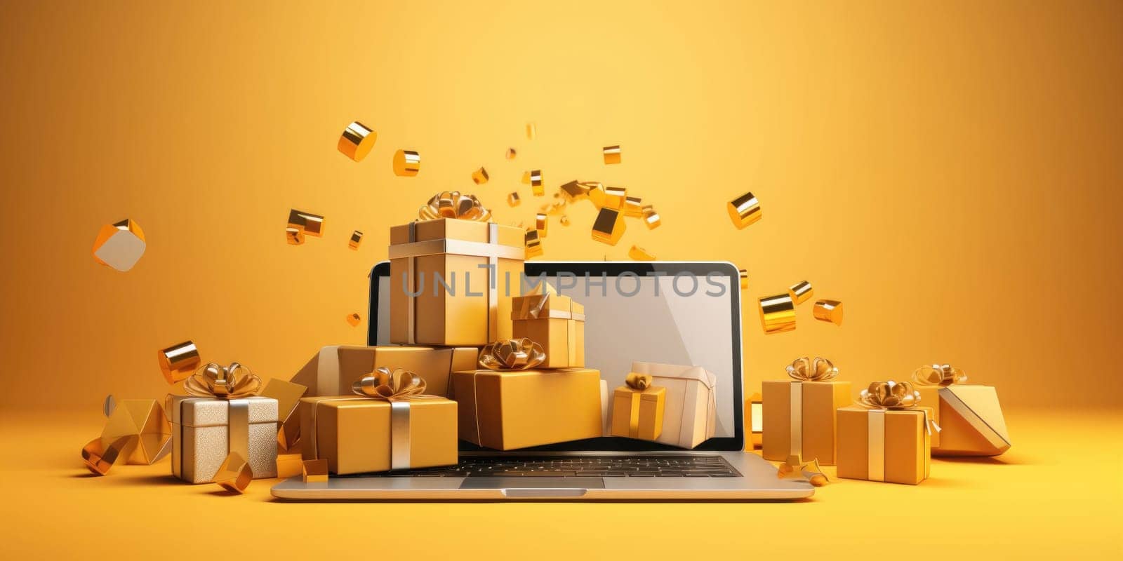 Cyber Monday shopping sales conceptual background with gift boxes and laptop, generative ai by nateemee